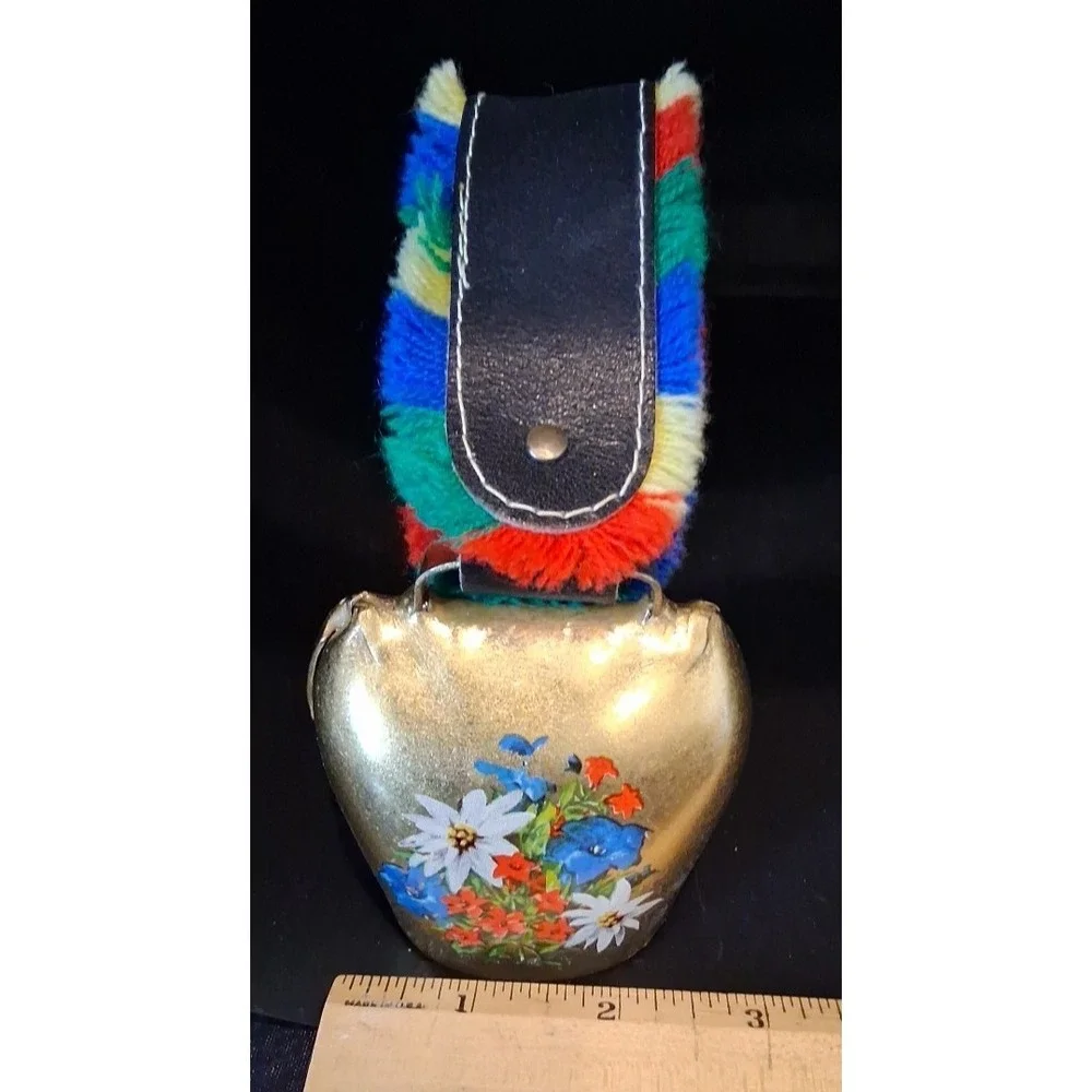 Mid Century Swiss Cow‎ Bell with Floral Design w/ Fringe on a Leather Strap